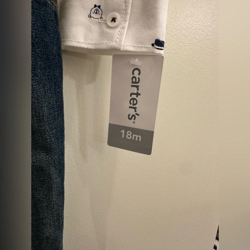 Carter’s 3 Piece Set Collared Button Up Onesie, Jeans and Suspenders - 18m